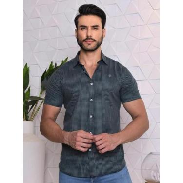 Imagem de Camisa Masculina Slim Micro Xadrez Manga Curta Conquest, Verde e preto
