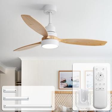 Imagem de CACI Mall Ventiladores De Teto De Madeira De 52 Polegadas Com Luzes, Naturais, Modernos, Controle Remoto, 3 Lâminas De Madeira, Montagem Embutida, Para Quarto, Casa De Fazenda, Sala De Estar, Sala D