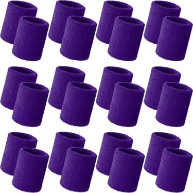 Imagem de Bememo 24 pulseiras de pulso esportivas a granel para homens e mulheres pulseiras de tênis atléticas respiráveis de algodão absorvente elástico felpudo para basquete, beisebol, academia, malhar (roxo)