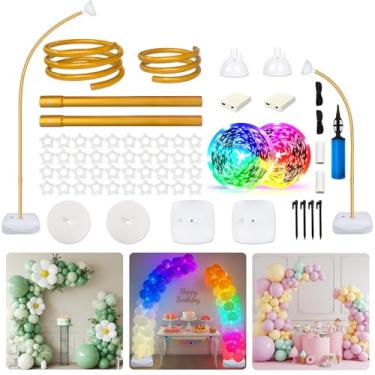 Imagem de OurWarm Kit de arco de balão com luzes LED, suporte de arco de meio balão de 2,5 m e 1,8 m com base, suporte de pano de fundo dourado para decoração de casamento, festa de aniversário, chá de bebê