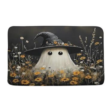 Imagem de Tapete de banho fantasma de Halloween, fantasma assustador, flores selvagens, bruxa, engraçado, gótico, preto, pintura a óleo, tapete de banheiro, quarto, cozinha, tapete para decoração de chão, 40 x