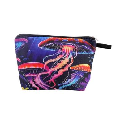 Imagem de Pebarmnt Linda bolsa de cosméticos para amantes de animais, dinossauro, borboleta, preguiça tropical, bolsa de maquiagem com zíper, Branco com estampa tropical verde, Água-viva