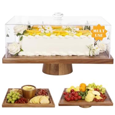 Imagem de Suporte de bolo de madeira com tampa – Conjunto de mesa de sobremesa retangular 2 em 1 e tábua de charcutaria com tampa para queijo, frutas, vegetais, donuts, batatas fritas, molhos – Capa de cúpula