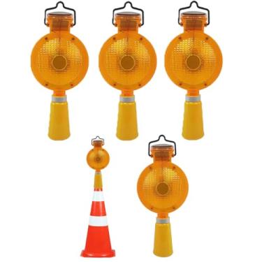 Imagem de Sinalizador Viario Solar Cone Kit 4 Uni Sinalizaçao Iluminaçao Segurança Rua Rodovia Estrada Evita Acidentes Fiscalizaçao Led Automatico Obra