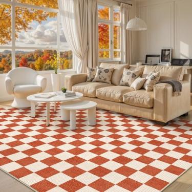 Imagem de LIVEBOX Tapetes de área de 20 x 25 cm para sala de estar, tapetes quadriculados antiderrapantes laváveis, estampa geométrica clássica neutra de fazenda, tapete para quarto, sala de jantar, escritório