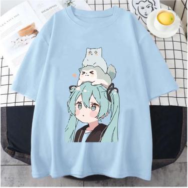 Imagem de Camiseta Hatsune Miku Gatinho Unissex - sneko, Azul claro, XG