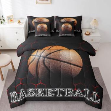 Imagem de Erosebridal Jogo de cama com edredom solteiro de basquete 3D, 7 peças, para crianças, meninos, adolescentes, acessórios de cama macios, para atividades legais de basquete e basquete