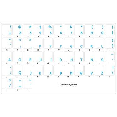 Imagem de Adesivos de teclado simplificados Dvorak com letras azuis em fundo transparente