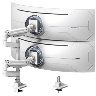 Imagem de Braço de monitor duplo resistente para telas de 43.2-124.5 cm - Suporte vertical empilhado para monitor duplo para telas Ultrawide de até 20 kg, alumínio, movimento total, VESA 75/100 mm, branco