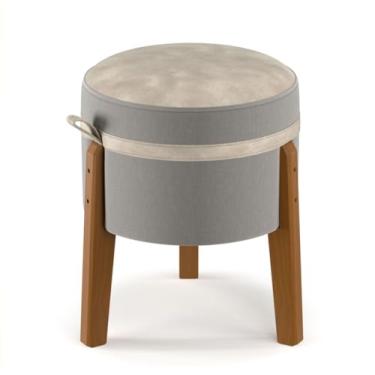 Imagem de Puff Bege Redondo Banqueta em Linho e Couro Suporta Até 120KG - Rest - Loja Inova BR (Cinza)