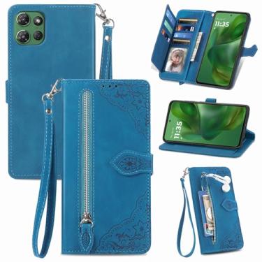Imagem de Furiet Capa carteira para Motorola Moto G 5G 2025 com cordão de pulso, estampa de flor, bolso flip de couro, suporte para cartão, acessórios para celular, capa de celular para G5G 5 G G5 azul