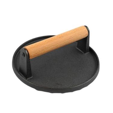 Imagem de IEUDNS Prensa para hambúrguer, grelha redonda profissional de ferro fundido com cabo de madeira, ferramenta para churrasco e acessórios de cozinha