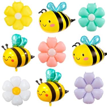 Imagem de 9pcs Bee Daisy Foil Balloons Set, 4pcs Yellow and Black Bumble Bee Balloon and 5pcs Colorful Daisy Flower Balloons for Bee Birthday Baby Shower Wedding Boho Party Decorations