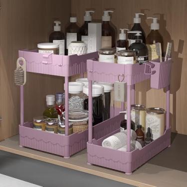 Imagem de Sevenblue Pacote com 2 organizadores embaixo da pia, organizador de armário sob o banheiro com ganchos, prateleira de armazenamento multiuso para cozinha, banheiro (rosa, GG)