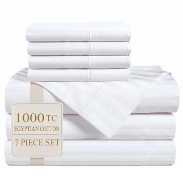 Imagem de Casa Platino Conjunto de lençóis King divididos 100% algodão egípcio - 1000 TC, 7 peças - listras damasco - Jogo de lençol King dividido de luxo para camas ajustáveis, totalmente elástico com bolsos