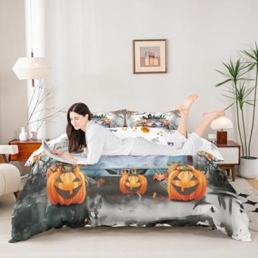 Imagem de Manfei Conjunto de capa de edredom Happy Halloween tamanho Queen, conjunto de cama fofo de caminhão e abóbora, 3 peças, capa de edredom de morcego preto castelo preto, decoração de quarto de crianças