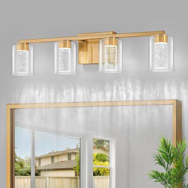 Imagem de SineRise Luminária dourada de 4 luzes com 3 modos de cor (3000K/4000K/6000K), luminária LED para banheiro com proteção ocular, luz de parede moderna regulável sobre espelho com sombra de vidro