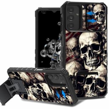 Imagem de ACWDMKH Capa para celular Galaxy A16 5G, capa para Samsung Galaxy A16 5G com suporte e protetor de câmera deslizante capa de camada dupla resistente à prova de choque, caveira bandeira da América