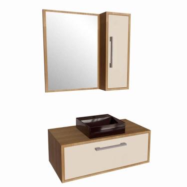 Imagem de Gabinete 80cm Alice Mel Arenas com Espelheira e Cuba Preta Em Mármore Sintético Armário Suspenso com 1 Porta