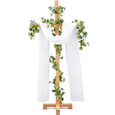 Imagem de CroBlissful Decorações de casamento, inclui cruz de madeira extra grande de 1,8 m com tecido de seda branca de 3 m, 2 peças, guirlanda de eucalipto de 1,8 m, cruz em pé para decoração de parede de