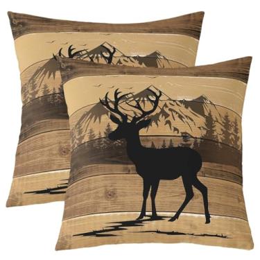 Imagem de Erosebridal Conjunto de 2 capas de almofada de cervo sika 45 x 45 cm para crianças, homens, mulheres, natureza, safári, acampamento, rústico, retrô, cinza, preto, marrom, fronhas decorativas macias