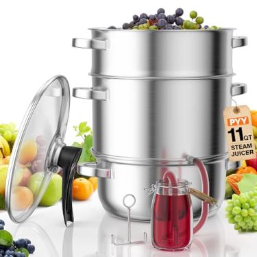 Imagem de PYY Extrator de suco a vapor – Espremedor de frutas e legumes a vapor de 3 camadas de aço inoxidável com tampa de vidro temperado, mangueira, geleia, xarope, extrator de vaporizador de grampo para