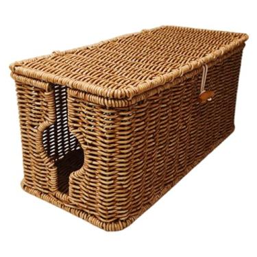 Imagem de ＫＬＫＣＭＳ Organizador de cabos Caixa de gerenciamento de cabos Imitação de vime Mesa de armazenamento Réguas de energia PC TV Computador Tampa com tampa Gaveta, 35 Cm X 15.5 Cm X