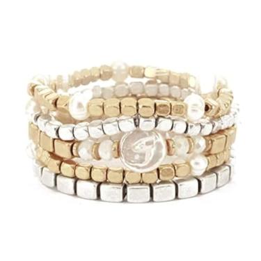 Imagem de Rosemarie & Jubalee Conjunto de 5 pulseiras elásticas femininas empilháveis com pérolas de água doce e pérolas, 16,5 cm, 6.5 inch, Cristal Prata, Pérola de água doce