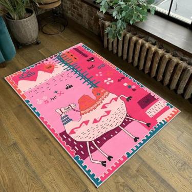 Imagem de Rugendary Tapete de camelo, desenho animado, estampa animal, safári, para meninas, berçário, quarto de crianças, lavável na máquina, antiderrapante, tapete rosa, 5 x 7 cm, decoração boho