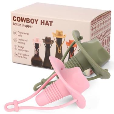 Imagem de 2 Tampa de Garrafa de Vinho com Chapéu Cowboy, Tampa Silicone Engraçada para Vinho Cortiça Champanhe Presentes Mães e Pais para Selar e Manter Vinhos Frescos (Verde, Rosa)