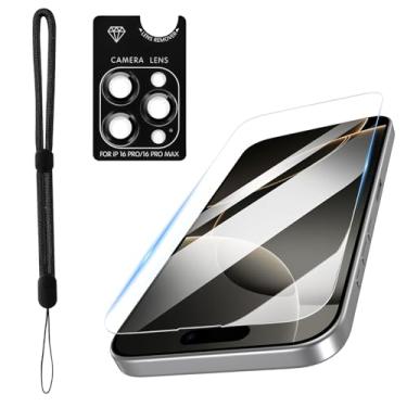 Imagem de PASNEW Protetor de tela para iPhone 16 Pro Max [6,9 polegadas] + protetor de lente de câmera para 16 Pro Max + 1 cordão preto, vidro temperado [dureza 9H]-HD