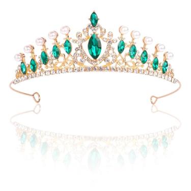 Imagem de Tiara de princesa de cristal com coroa verde para mulheres, meninas, strass, coroa de strass, acessórios de cabelo para festa de aniversário, casamento, formatura, dia das bruxas