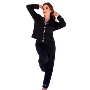 Imagem de Pijama Adulto Feminino Aberto Americano Manga Longa - Nannamia, Preto,