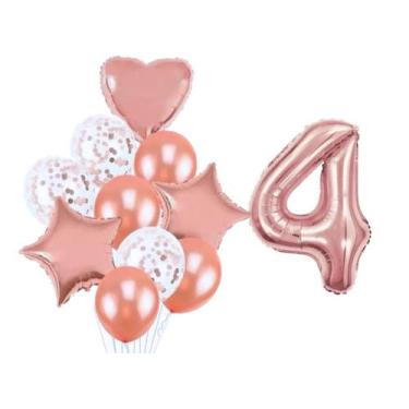 Imagem de Buque 10 Balões  Coração Estrela e 1 Número Metalizado Rose Gold 70cm 