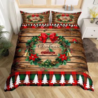 Imagem de Merry Christmas, conjunto de cama infantil com grade vermelha e verde, capa de edredom de caminhão vermelho para decoração de quarto de meninos e meninas, capa de cama de madeira tamanho solteiro com