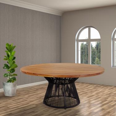 Imagem de Mesa Redonda Elemento Em Madeira Maciça Com Base Em Corda Náutica Preta Para Sala De Jantar 1,50m