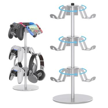 Imagem de DGPCT Suporte de controle compatível com Xbox PS5 PS4 Nintendo Switch Pro, 3 níveis de alumínio para fone de ouvido para jogos, suporte organizador giratório para controle de fone de ouvido,