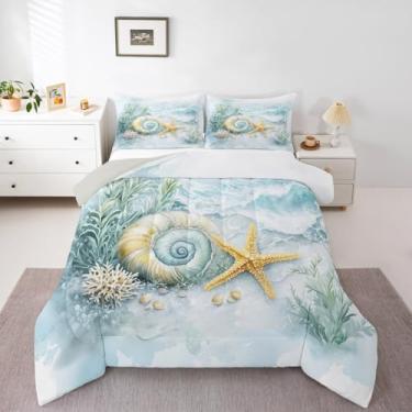 Imagem de Erosebridal Jogo de cama com estampa de estrela-do-mar, coral e concha, temática costeira, oceano azul, para meninos e mulheres, edredom náutico de verão, ondas do mar, vida do oceano