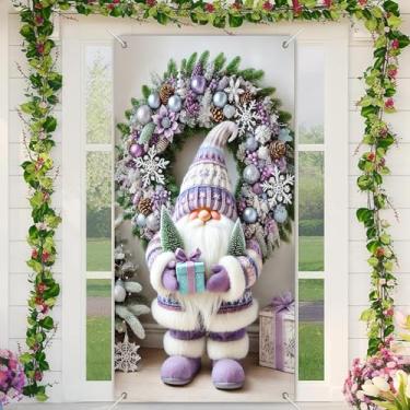 Imagem de BlissYard Capa para porta de Feliz Natal, 89 x 188 cm, banners de porta de varanda para decoração de inverno, gnomo roxo com guirlanda de neve, flocos de neve, caixa de presente para placa de fundo