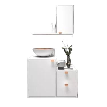 Imagem de Conjunto de armário de banheiro + lavatório + armário com espelho e puxadores de latão - Conjunto completo de instalação rápida (Branco com cobre)