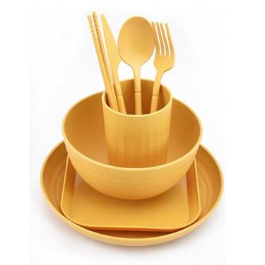 Imagem de Conjunto de 8 peças de palha de trigo, utensílios de cozinha, utensílios de mesa, pratos de jantar, tigela, xícara, prato, faca, garfo, pauzinhos, talheres (amarelo)