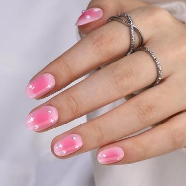 Imagem de Pressionar as unhas Short-RTKHFZE em gel macio, oval, ajuste natural, forma de amêndoa, ponta de cola, para mulheres, reutilizável em 16 tamanhos, kit de 32 unhas falsas, rosa choque gradiente