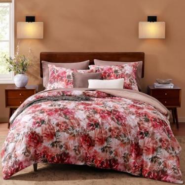 Imagem de CASAAGUSTO Conjunto de edredom King, 7 peças, rosa vermelha, com estampa de folhas de flores, design macio de seersucker para todas as estações, conjunto de cama king size (250 x 244 cm)