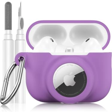 Imagem de LDSXAY Capa de silicone 2 em 1 compatível com AirPods Pro 3 e AirTag, capa protetora à prova de choque para AirPods Pro 3ª geração 2025 com kit de limpeza e mosquetão (roxa)
