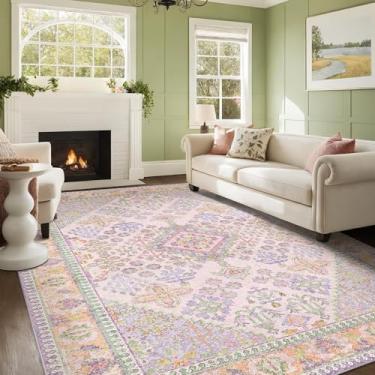 Imagem de Kokia Tapetes de área de 12 x 18 cm para sala de estar, lavável na máquina, tapete boho antiderrapante para quarto, tapete vintage macio estampado lilás lavanda roxo 12 x 18 cm