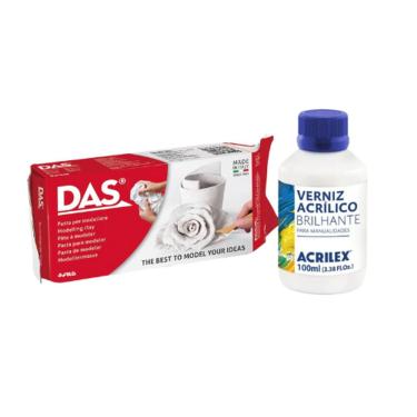 Imagem de Massa Das Ceramica Branca Fria Para Modelar 500g Com Verniz Acrílico Brilhante 100ml Acrilex