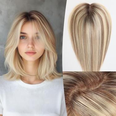 Imagem de EMMOR Topper de cabelo humano de 35,5 cm para mulheres - 12,7 cm × 15,2 cm base de renda suíça com 3 clipes antiderrapantes, 100% verdadeiros para cabelos finos e aparência natural (#005)
