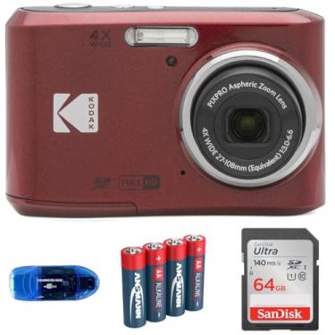 Imagem de KODAK Pacote de câmera digital Pixpro FZ45, inclui: cartão de memória SanDisk 64GB SDXC, baterias sobressalentes e leitor de cartão (4 itens) (vermelho)