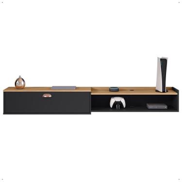 Imagem de Rack Suspenso 1.8 Estante Home Supremo King Tv Smart 55 60 65 70 Pol. 1 Porta Nicho Puxador Concha Sala Quarto - Preto/Hanover - Lojas RPM