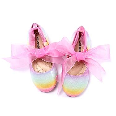 Imagem de ADAMUMU Sapatos sociais para meninas Princesa Mary Jane sapatos slip on casual infantil menina balé sapatilhas com laço flor faixa elástica em festa de casamento, Arco-íris, 9 Toddler